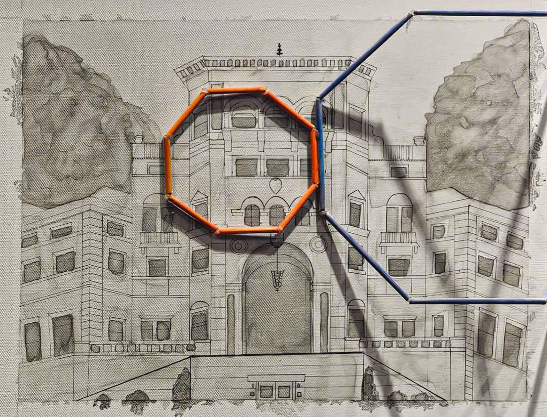 A detail shot of artwork showing an OSU campus building in gray ink wash with brightly colored octagons over the top.