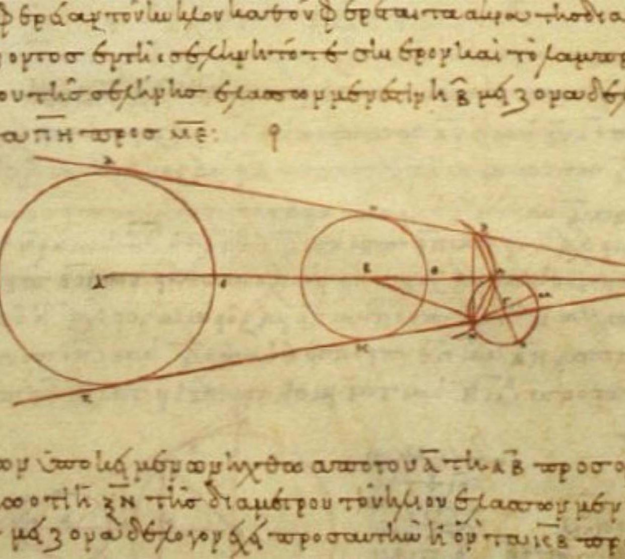 A depiction of the eclipse as drawn by Greek mathematicians.