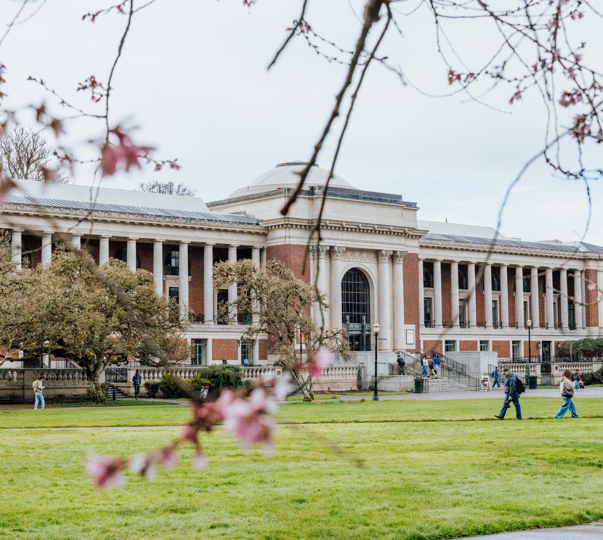 A general shot of memorial union on OSU campus with flowers.