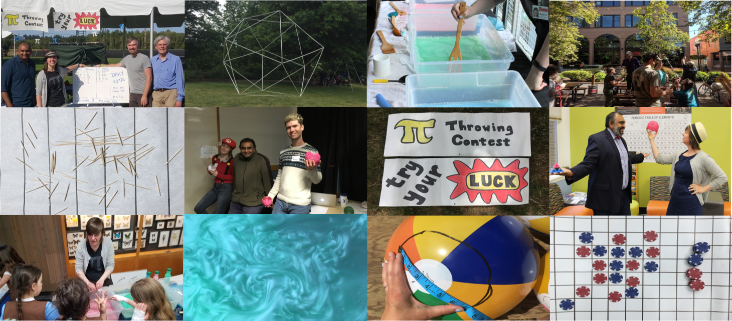 Collage of different Mathematics outreach activities, including students learning, games, and interacting with children