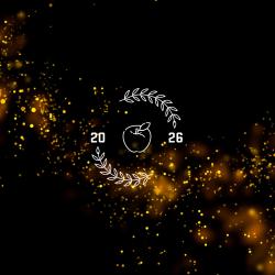 A black background with orange glitter, an apple and the year 2026.