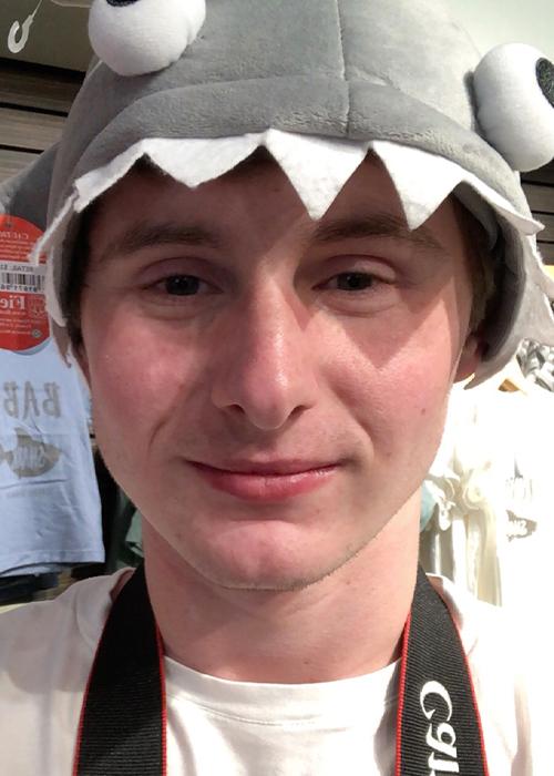 Connor Progin wearing shark hat