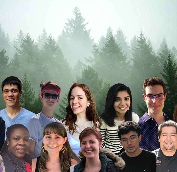 Composite photo of REU cohort on forest backdrop