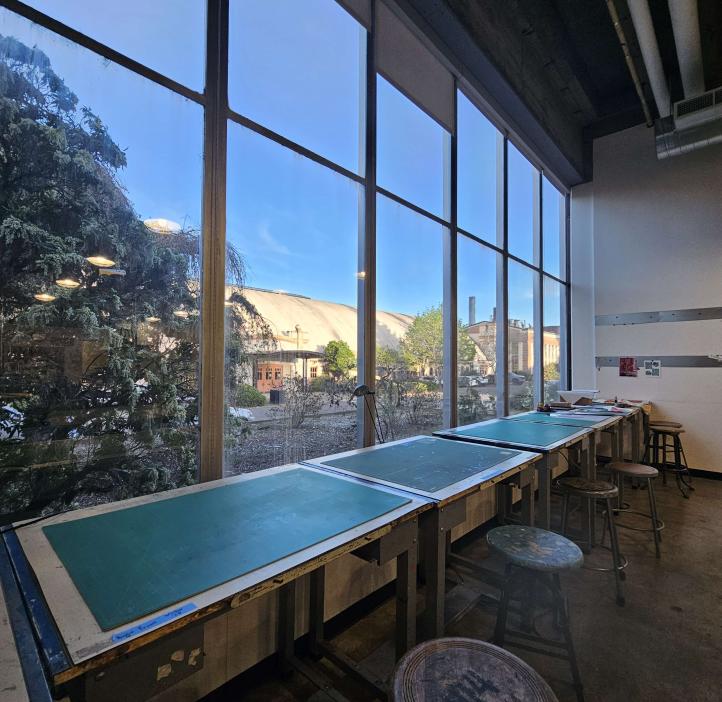 A wideshot of an OSU studio space lit by large glass windows